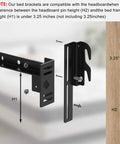 Four Piece Black Headboard Adapter Brackets Straight Shoot Install Bed Rail Hooks Adjustable Steel Connectors Built Different For Rock Solid Connections showing installation details and measurements.