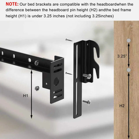Four Piece Black Headboard Adapter Brackets Straight Shoot Install Bed Rail Hooks Adjustable Steel Connectors Built Different For Rock Solid Connections showing installation details and measurements.