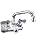 Lead-Free 4 Inch Wall Mount Commercial Sink Faucet with 6" Swivel Spout in chrome-plated brass with hot and cold handles.