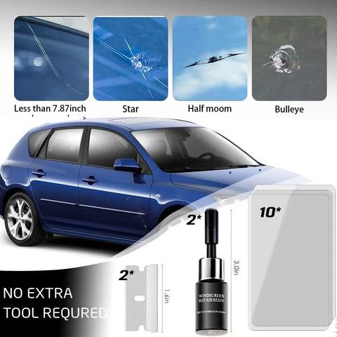 DIY Windshield Repair Kit With Nano Resin Fluid For Chips And Cracks Quick Fix Glass Repair Tool shown with car and repair components