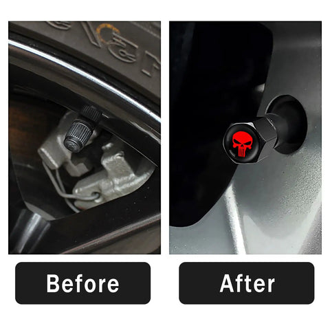 Before and after image of Skull Tire Valve Cap Set Ride Ready 4 Pack Airtight Dust Proof Universal Air Valve Caps For Cars Trucks Bicycles Red Zinc Alloy Durable Valve Covers For Men And Women installed on a tire.