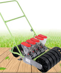 Metal Precision Garden Push Seeder with Five Row Capacity Walk Behind Cultivator and Seed Spreader on wooden deck