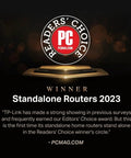 PCMag Readers' Choice Award for Standalone Routers 2023 trophy with TP-Link accolade displayed.