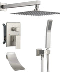 All-In-One Tub And Shower Faucet Set In Brushed Nickel With 12-Inch Rainfall Shower Head Waterfall Tub Spout And Rough-In Valve Complete Bath Trim Kit For An Easy, No-Brainer Upgrade.