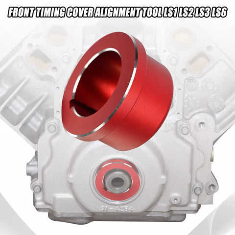BILLFARO LS timing cover alignment tool, red billet aluminum, installed on engine front cover