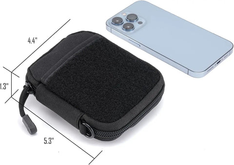 Black Dope EDC Pouch for Men, Pocket Organizer and Front Pocket Keeper, shown with phone for size reference, 4.6 x 3.5 inches.