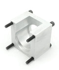 Nema23 aluminum motor mounting bracket with square body and central round bore; includes four black screws.