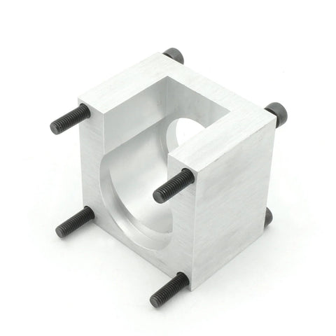 Nema23 aluminum motor mounting bracket with square body and central round bore; includes four black screws.