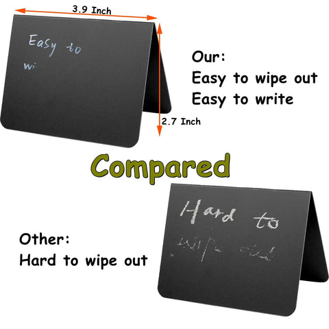 20 Piece Mini Chalkboard Signs For Food, Reusable Buffet Table Labels showing easy wipe and write comparison