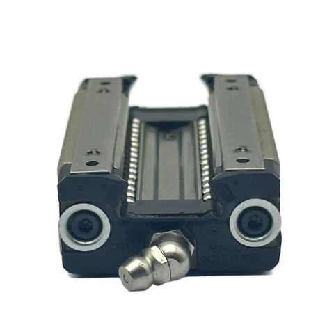 SR25W Linear Guide Block With FourRow Ball Bearings For CNC Machines And 3D Printers Built Tough For Heavy Duty Radial Rail Carriage For Precision Motion Control And Automation. front view of SR25W linear guide block, steel rail carriage with four-row ball bearings for CNC and 3D printers