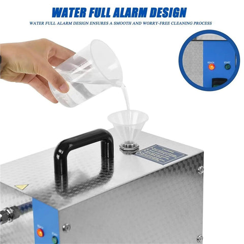 Filling the Pro Grade Jewelry Steam Cleaner Machine 1300W 2L with water using the funnel, stainless steel body visible.