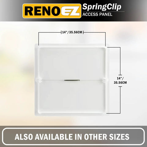 Zero Fuss Drywall Access Panel 14X14 Inch Screwless Wall Cover With Quick Snap Spring Loaded Frame shown with dimensions.