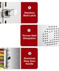 Close-up details of Powerful 800W Food Dehydrator Machine with stainless latch, heat dissipation, and alloy door handle.