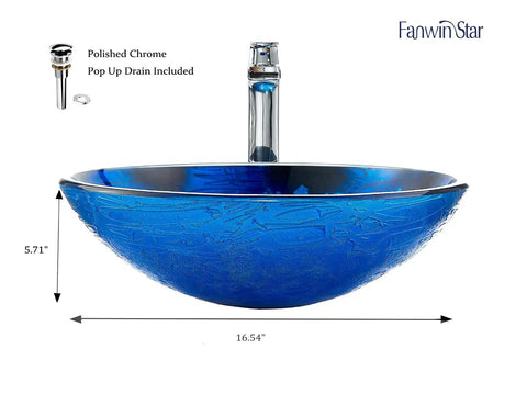 Star Blue Ocean Mystery Glass Vessel Sink For Above Counter Vanity, Tempered Deco Glass Bowl With Pop Up Drain, Starry Blue Finish