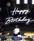 Happy Birthday Neon Light Sign White LED 25.6x16 Inches with Dimmable Switch displayed at a party