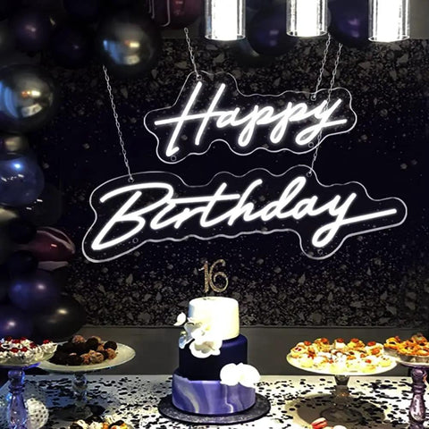 Happy Birthday Neon Light Sign White LED 25.6x16 Inches with Dimmable Switch displayed at a party