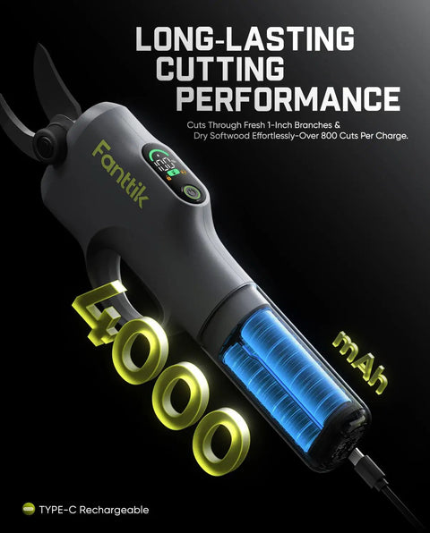 Y10 Pro Cordless Electric Pruning Shears With Brushless Motor LED Display showing 4000 mAh battery for branches up to 25 mm