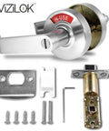 ADA Compliant Privacy Lock With One Touch Push Button Lever For Single Egress, Left Handed, Satin Chrome Finish, ANSI Grade 2 Commercial Door Hardware, Durable Lock Tested For 200000 Cycles, Emergency Outside Slot, Adjustable Backset shown with components