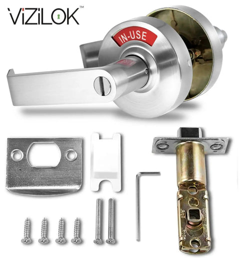 ADA Compliant Privacy Lock With One Touch Push Button Lever For Single Egress, Left Handed, Satin Chrome Finish, ANSI Grade 2 Commercial Door Hardware, Durable Lock Tested For 200000 Cycles, Emergency Outside Slot, Adjustable Backset shown with components