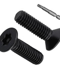 Dead Nuts Tight M5 X 8mm Black Stainless Steel Security Screws 100 Pack With T25 Torx Bit showing flat head and countersunk design.