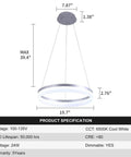 Sleek Modern LED Chandelier Round Pendant Light 19.7 Inch Dimmable Ceiling Light with height adjustable design specifications chart