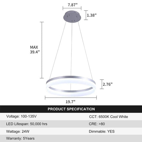 Sleek Modern LED Chandelier Round Pendant Light 19.7 Inch Dimmable Ceiling Light with height adjustable design specifications chart