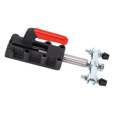 50mm Stroke Double Headed Heavy Duty Push Pull Toggle Clamp For Welding, Carbon Steel Construction, side view with red handle.