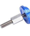 Close-up of Bottom Bracket Press Tool With CNC Knurling Stainless Steel Build featuring blue aluminum block and screw rod