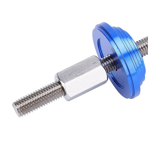Close-up of Bottom Bracket Press Tool With CNC Knurling Stainless Steel Build featuring blue aluminum block and screw rod