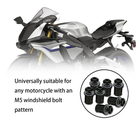 Heavy Duty Motorcycle Windshield Bolt Kit 10 Pack Black Aluminum Alloy Screws with M5 bolt pattern for all motorcycles.