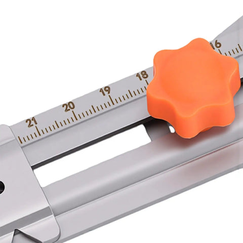 Solid Core Stainless Steel Router Milling Groove Bracket And Knockout Circle Cutting Jig with crisp dual scale markings and orange adjustment knob.