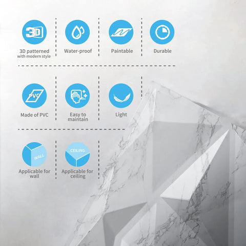 Close-up on features of Diamond Pattern Grey PVC Wall Panels 19.7 Inch Square Pack Of 12 Lightweight Fire Resistant Easy DIY.