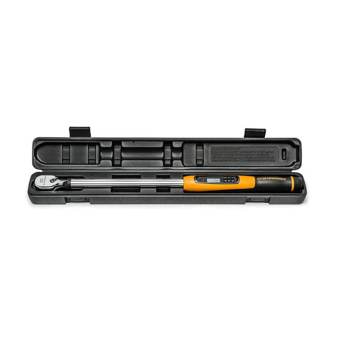 Electronic Torque Wrench With Half Inch Drive 72 Tooth Ratchet 5 Degree Swing Arc in black case, compact and precise tool.