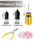 70 Piece Tire Repair Kit with plugs, screwdriver, and plier, sizes shown for holes 1-3mm and 3-5mm