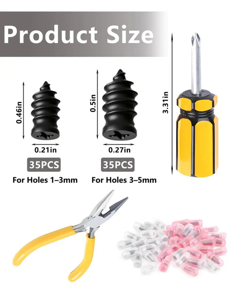 70 Piece Tire Repair Kit with plugs, screwdriver, and plier, sizes shown for holes 1-3mm and 3-5mm