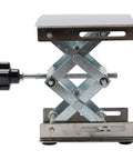 Top Shelf Heavy Duty Stainless Steel Lift Table With Manual Adjustable Height Screws For Precision Milling Machines And Industrial Woodworking Setup Durable Scissor Jack Platform with compact design and hand crank.