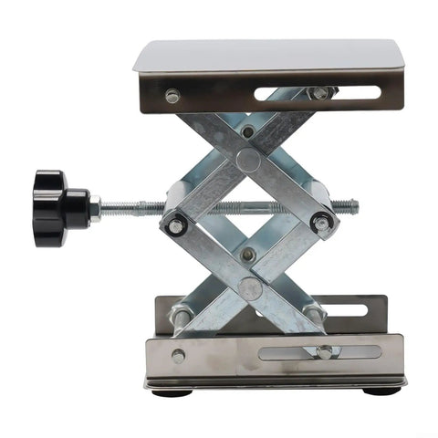 Top Shelf Heavy Duty Stainless Steel Lift Table With Manual Adjustable Height Screws For Precision Milling Machines And Industrial Woodworking Setup Durable Scissor Jack Platform with compact design and hand crank.