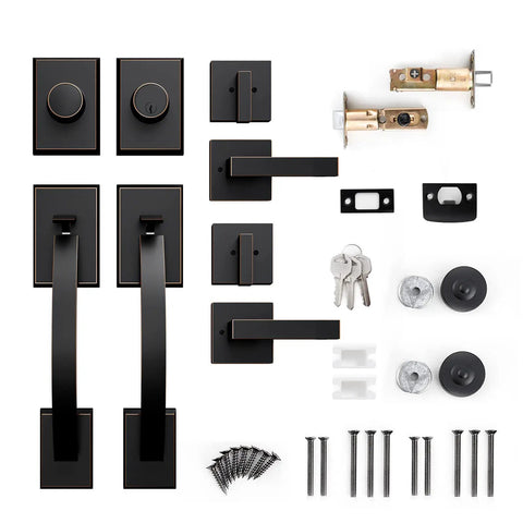 Oil Rubbed Bronze Double Door Handleset With Lever On One Side And Dummy On The Other For Front Or Office Doors Keyed Entry And Dummy Lock Set Heavy Duty Construction EZ Install shown with components