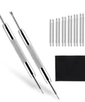 Watch Band Pins Replacement Kit 16 Pieces Pro Grade 1.5mm Stainless Steel Heavy Duty Link Remover Set For Watch Straps And Bracelets Adjustment Tools 14mm To 25mm Length Fits Most Bands, showing pins, link remover tools, and cleaning cloth.