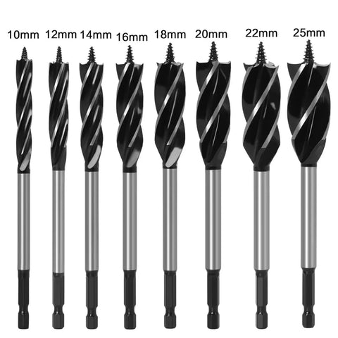 Pro Shop Grade Twist Drill Bit Set With Fast Cutting Auger Tips That Slice Through Wood Like Butter, eight heavy duty bits shown in various sizes.