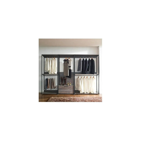 Heavy Duty Wood Walk In Closet Organizer System With Customizable Shelving And Rustic Gray Finish featuring hung clothes and pullout cabinet.