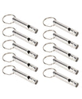 Versatile Emergency Whistle Kit 10 Pack Alloy Safety Whistles with Keychains displayed in a row