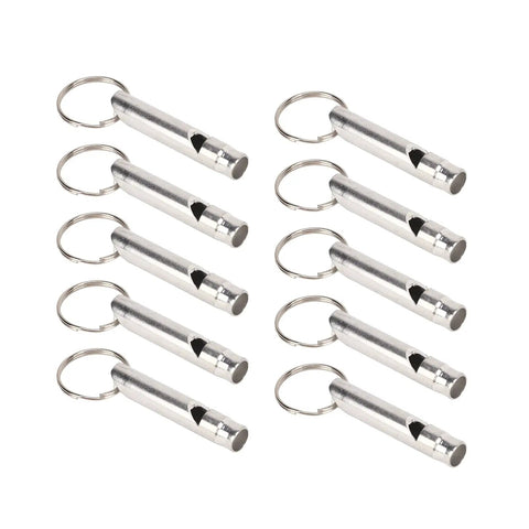 Versatile Emergency Whistle Kit 10 Pack Alloy Safety Whistles with Keychains displayed in a row