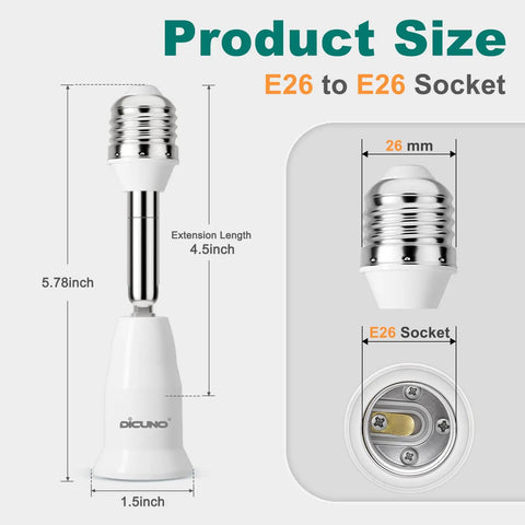 Must-Have Light Socket Extender E26 4.5 Inch Extension With 180 Degree Bend And 350 Degree Rotatable Angle Adjustable Socket Adapter For Recessed Lighting Medium Screw Base 2 Pack showing dimensions