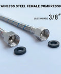 Heavy Duty Faucet Water Supply Line Extension With Three Eighths Male To Female Connectors And Rock Solid Stainless Steel Braided Sleeve, 3/8" female connectors close-up.