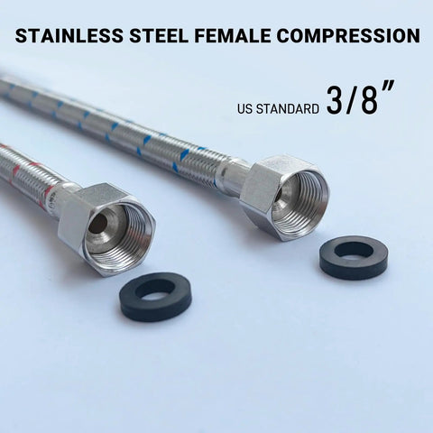 Heavy Duty Faucet Water Supply Line Extension With Three Eighths Male To Female Connectors And Rock Solid Stainless Steel Braided Sleeve, 3/8" female connectors close-up.