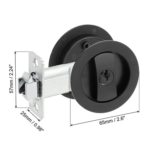 Round Recessed Privacy Door Lock With Keys For Sliding Doors, Matte Black Invisible Pocket Hardware, front view with measurements