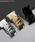 Front view of industrial locking hinge brackets with 180° foldable legs; silver, gold-toned, and black metal base plates.