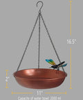 Outdoor Hanging Bird Bath And Feeder With Antique Copper Finish, 11 Inch Metal Bird Bath Bowl On Detachable Black Chain