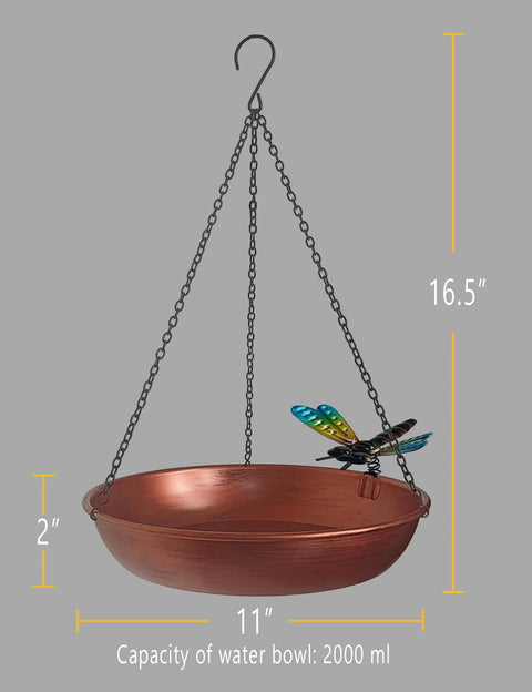 Outdoor Hanging Bird Bath And Feeder With Antique Copper Finish, 11 Inch Metal Bird Bath Bowl On Detachable Black Chain
